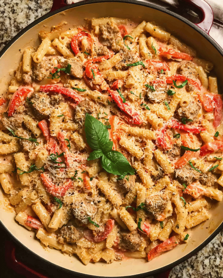 Creamy one pan sausage pasta with bell peppers and Parmesan in skillet