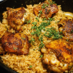 One pot chicken dinner with jasmine rice and herbs in skillet