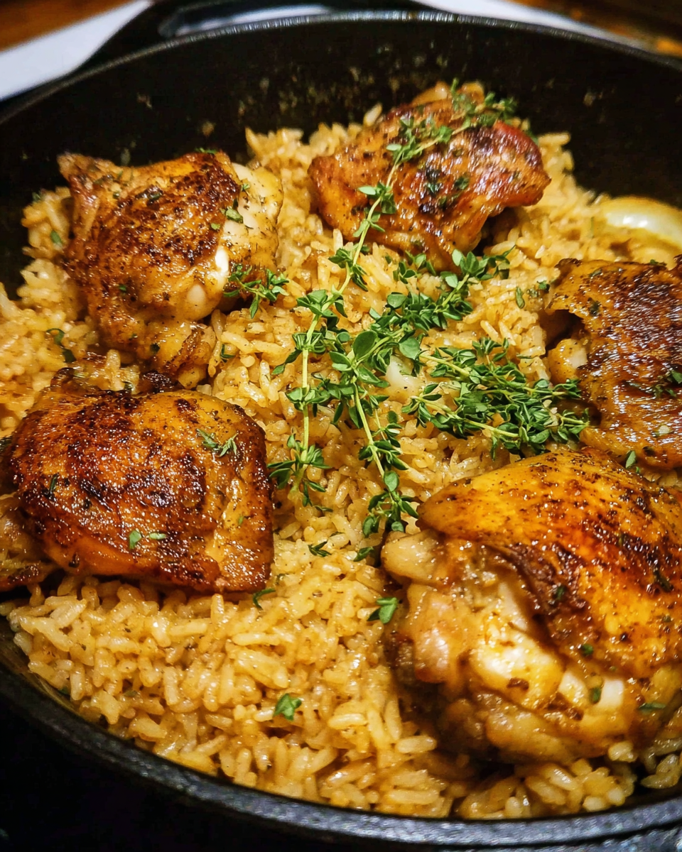 One pot chicken dinner with jasmine rice and herbs in skillet
