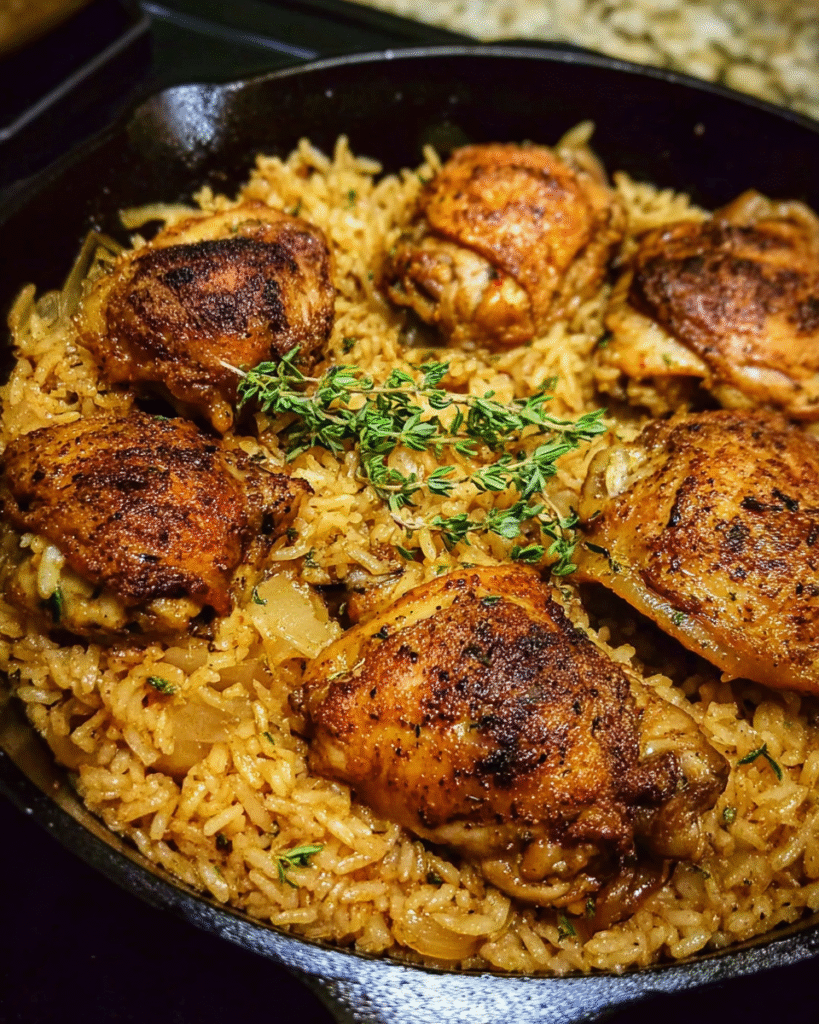 One pot chicken dinner with jasmine rice and herbs in skillet