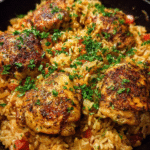 One pot chicken rice cooked in a skillet with seasoned chicken thighs and fluffy rice