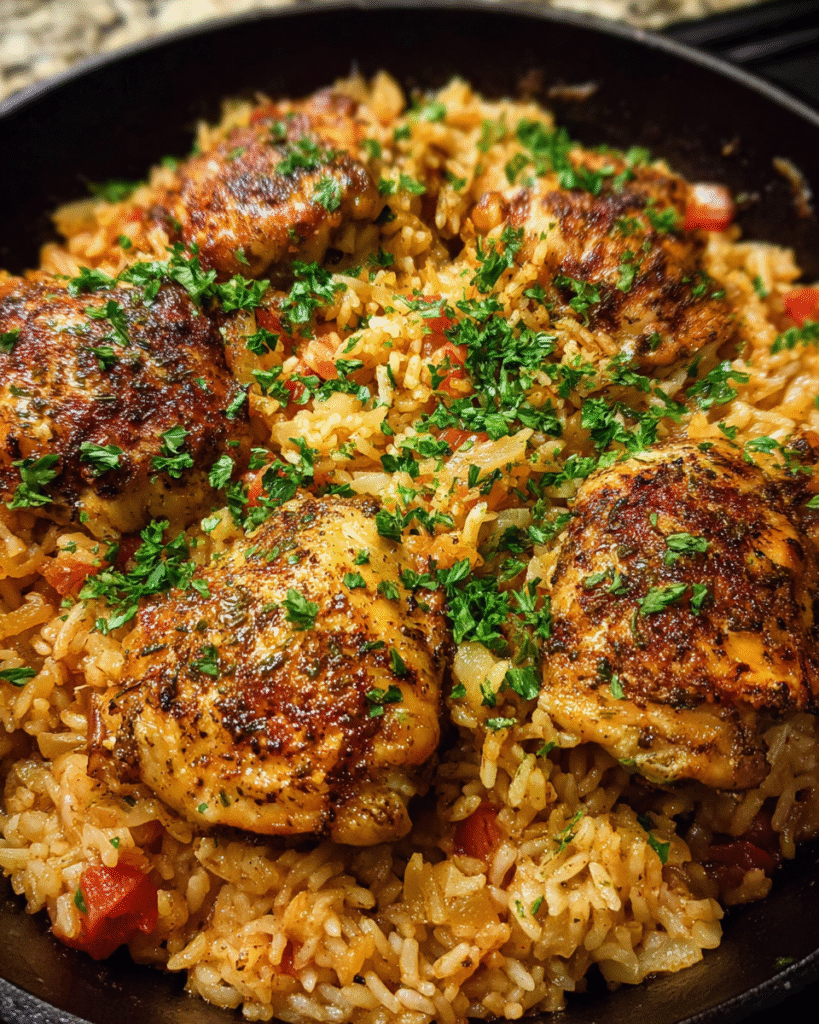 One pot chicken rice cooked in a skillet with seasoned chicken thighs and fluffy rice