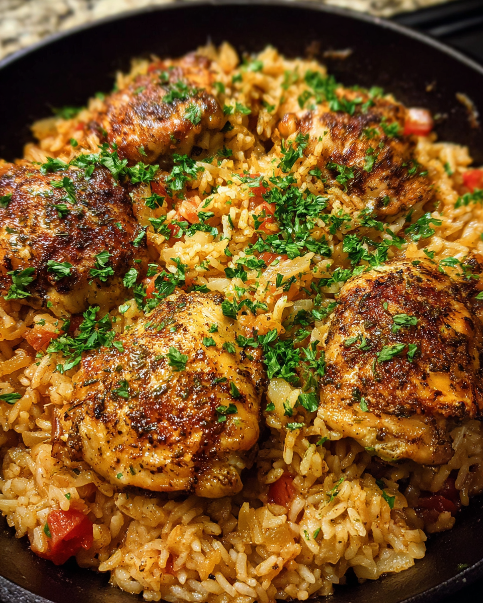One pot chicken rice cooked in a skillet with seasoned chicken thighs and fluffy rice