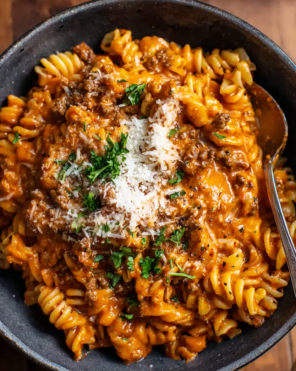 One pot creamy tomato beef pasta in a white bowl with parmesan and parsley