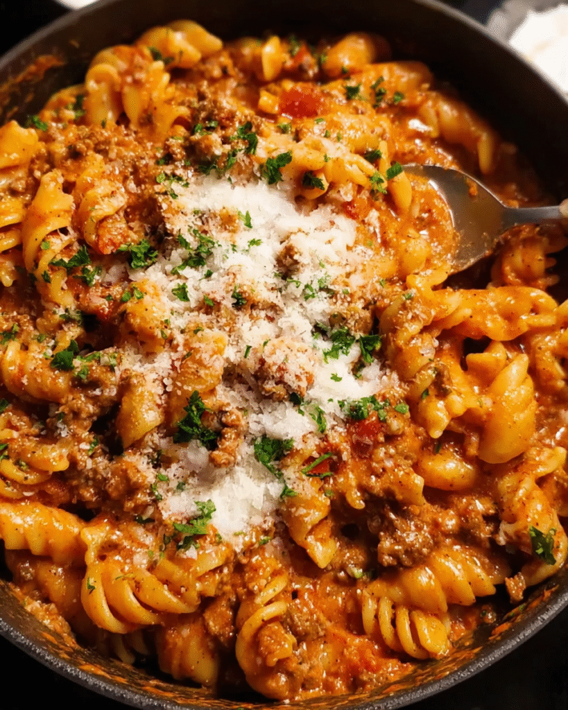 One pot creamy tomato beef pasta in a white bowl with parmesan and parsley