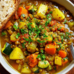 One pot lentil stew with vegetables and parsley in a rustic bowl
