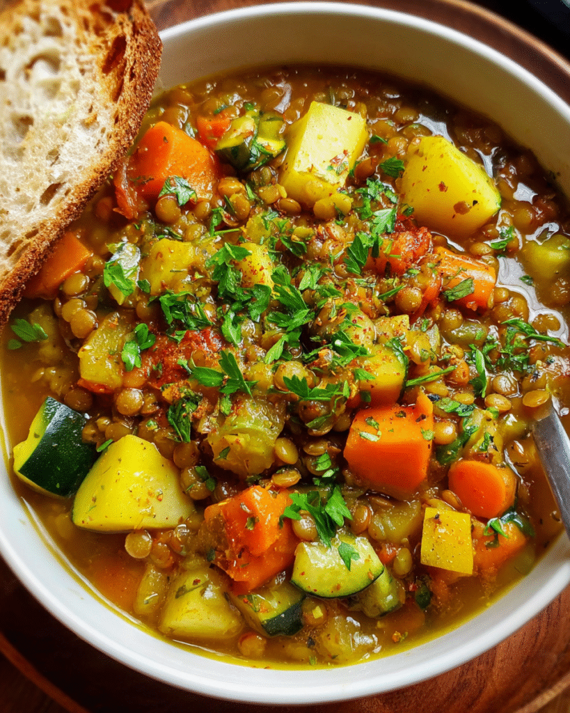 One pot lentil stew with vegetables and parsley in a rustic bowl