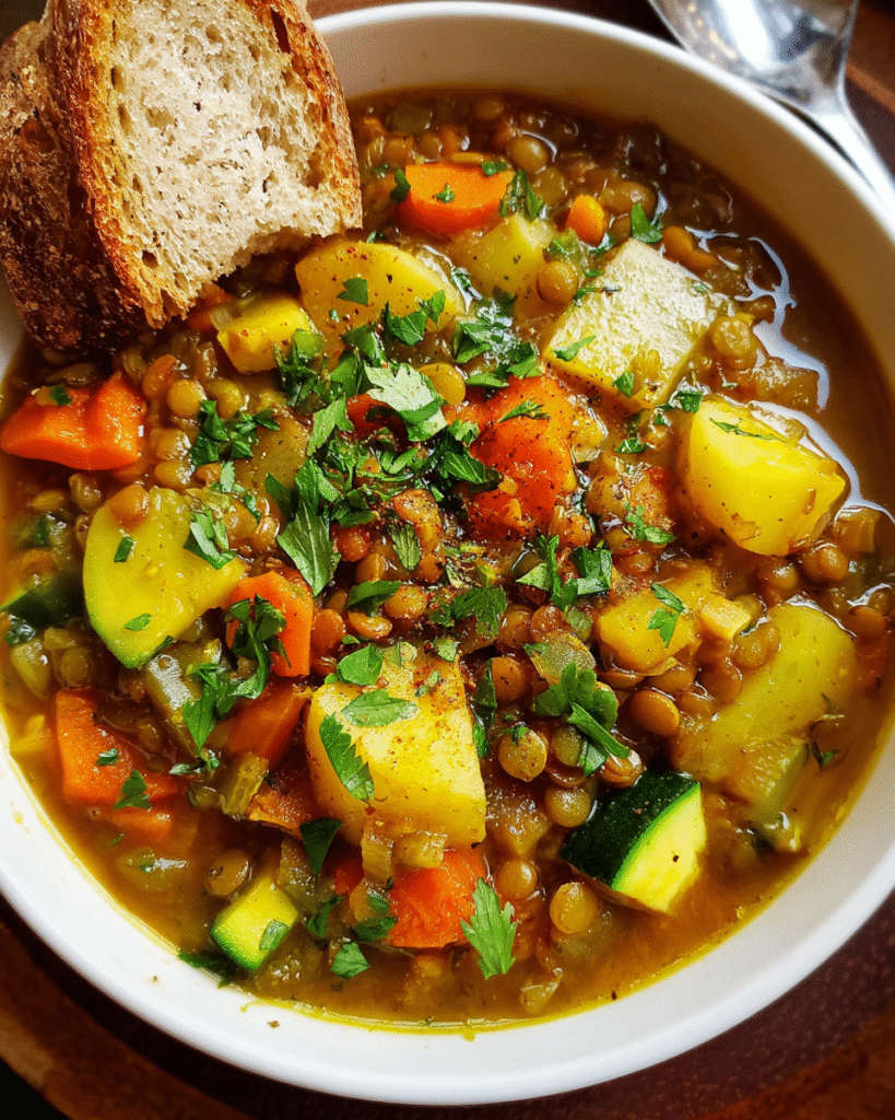 One pot lentil stew with vegetables and parsley in a rustic bowl