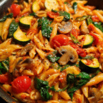 One pot pasta dinner with fresh vegetables in tomato sauce