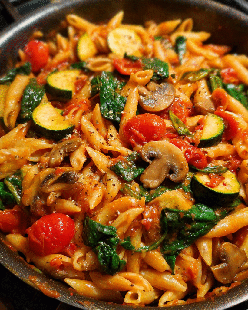One pot pasta dinner with fresh vegetables in tomato sauce