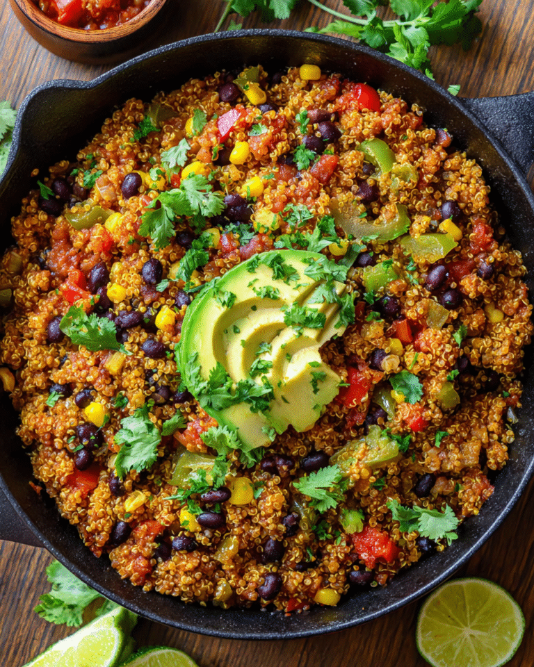 One pot quinoa bowl with black beans, corn, and avocado in a skillet