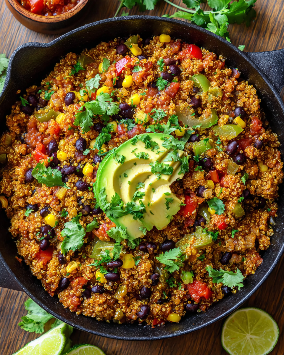 One pot quinoa bowl with black beans, corn, and avocado in a skillet