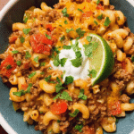 One pot taco pasta with ground turkey, cheddar, and cilantro in a large skillet