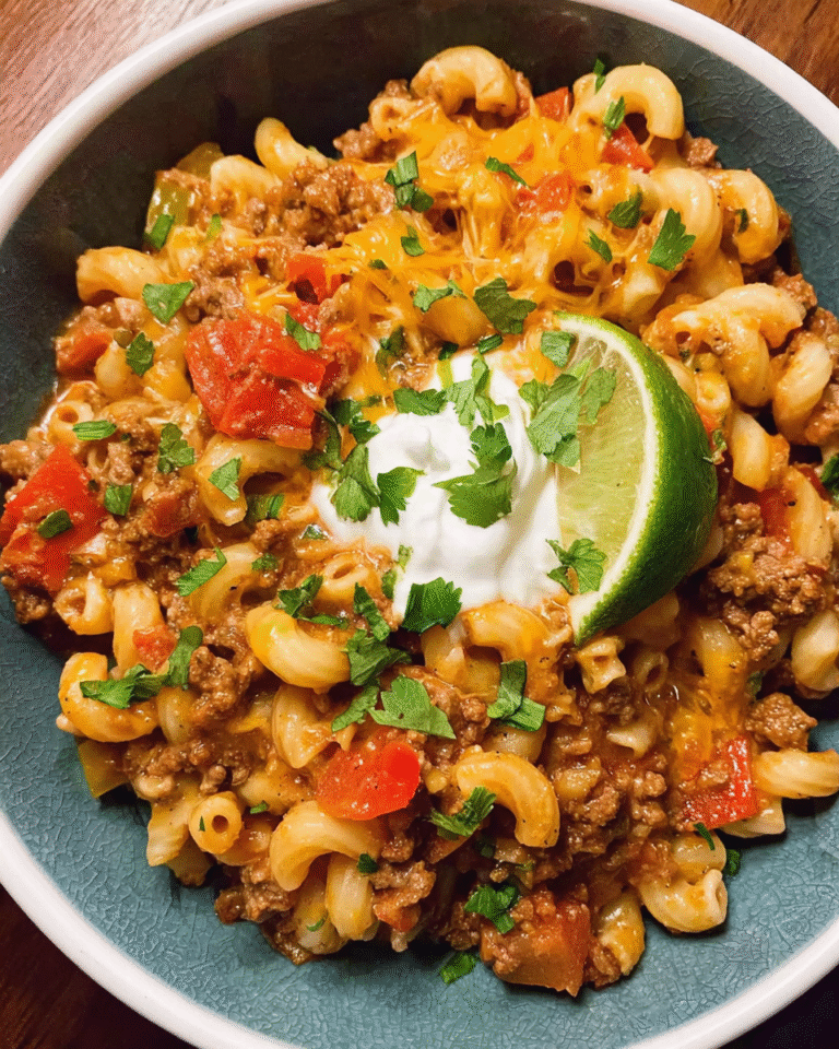 One pot taco pasta with ground turkey, cheddar, and cilantro in a large skillet