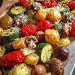 Sheet pan oven roasted vegetables with potatoes, zucchini, mushrooms, and tomatoes