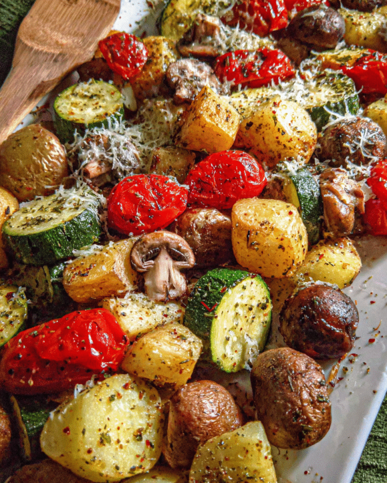Sheet pan oven roasted vegetables with potatoes, zucchini, mushrooms, and tomatoes
