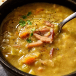Slow-cooked pea and ham soup in a bowl topped with parsley