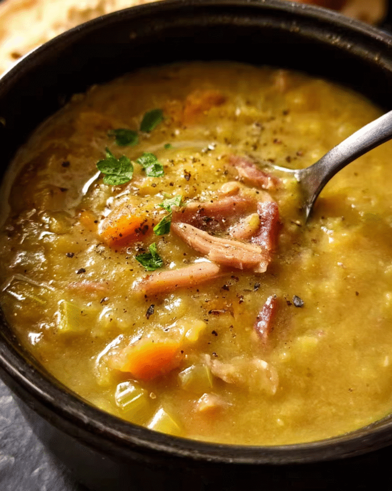Slow-cooked pea and ham soup in a bowl topped with parsley
