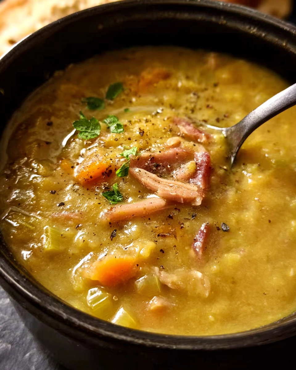 Slow-cooked pea and ham soup in a bowl topped with parsley