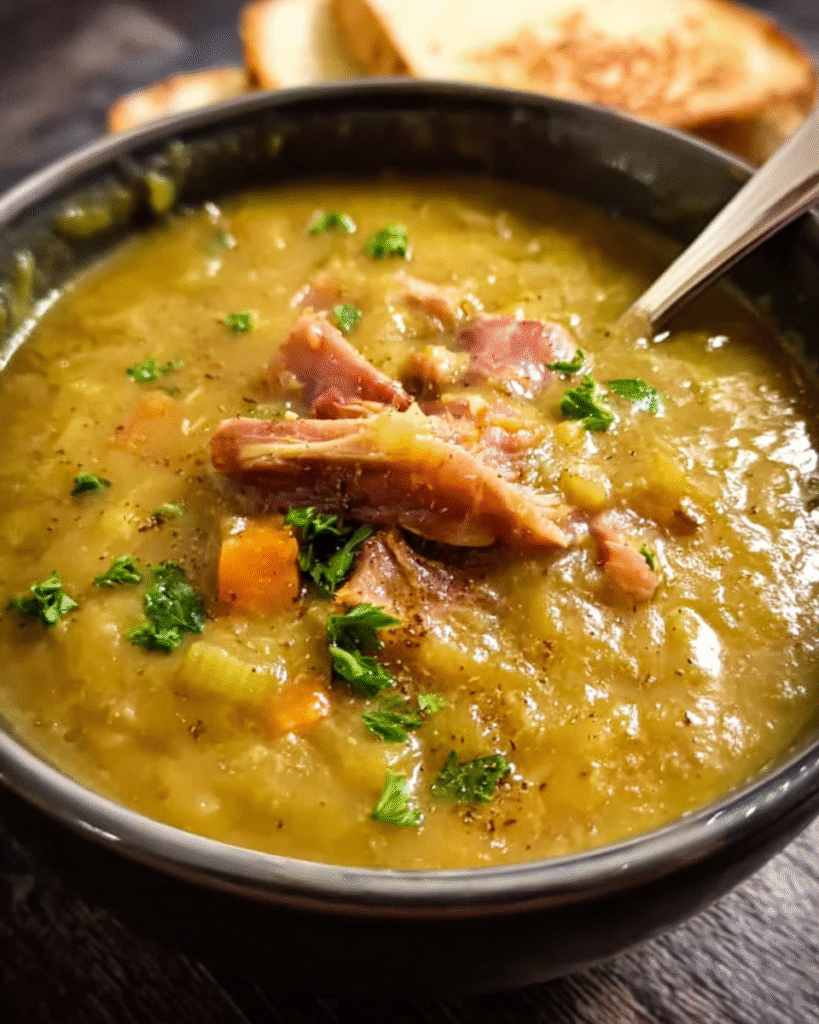 Slow-cooked pea and ham soup in a bowl topped with parsley