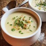 Creamy homemade potato leek soup in white bowl with chives on top