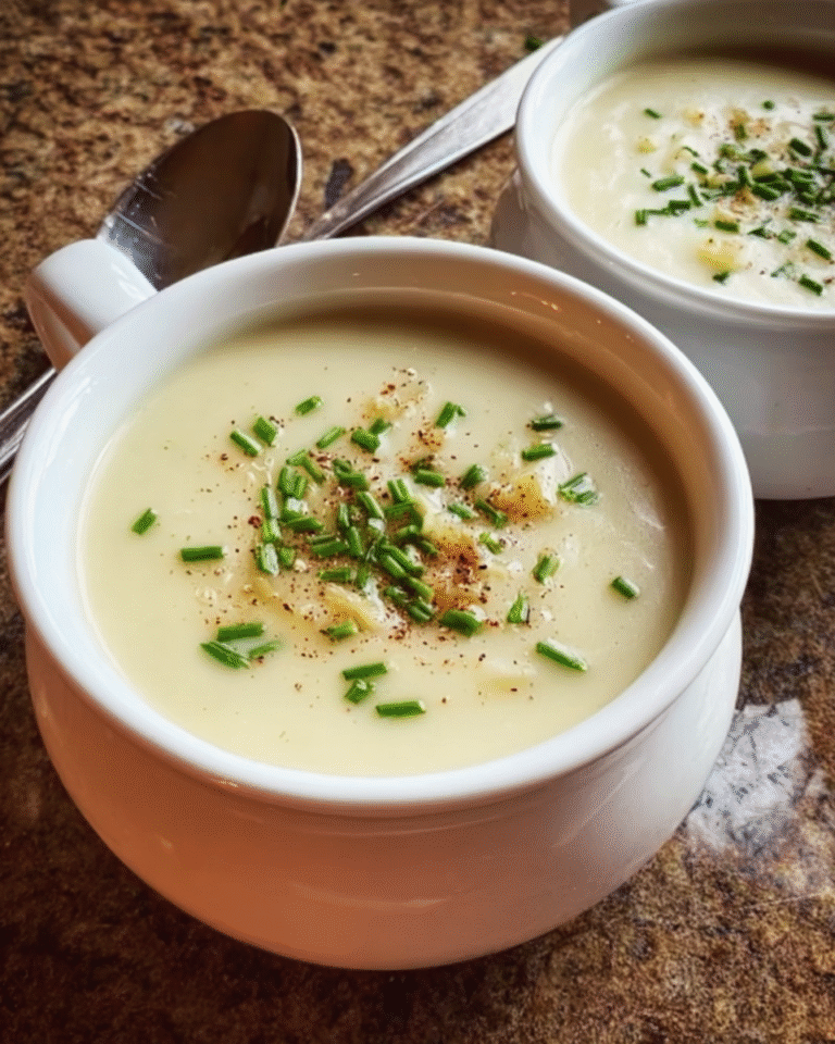 Creamy homemade potato leek soup in white bowl with chives on top