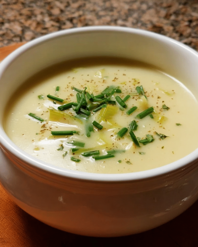 Creamy homemade potato leek soup in white bowl with chives on top