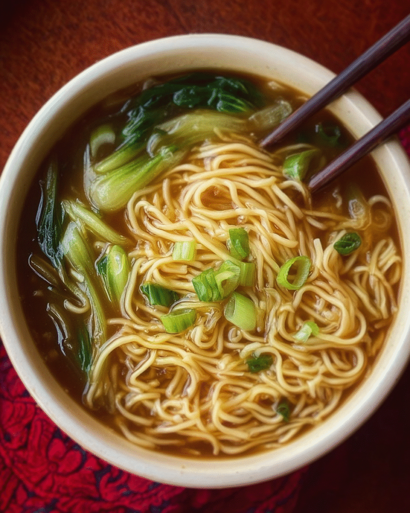 Quick noodle soup with bok choy and green onions in bowl