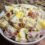Creamy red skinned potato salad with eggs and turkey bacon