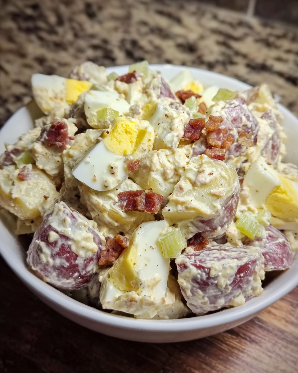 Creamy red skinned potato salad with eggs and turkey bacon