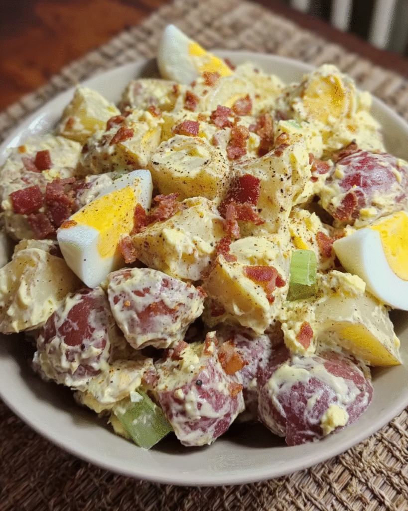 Creamy red skinned potato salad with eggs and turkey bacon