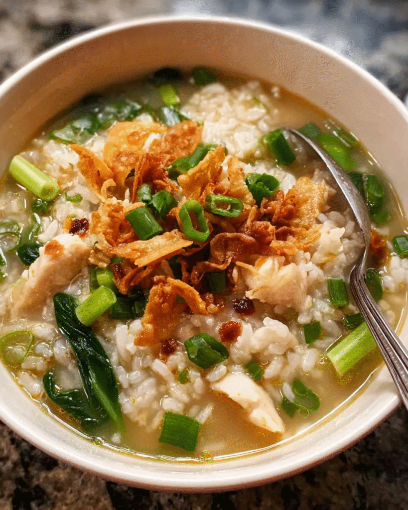 Bowl of Asian-style rice soup with fish and greens