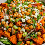 Roasted Sweet Potato Chickpea Feta Salad with herbs and lemon dressing
