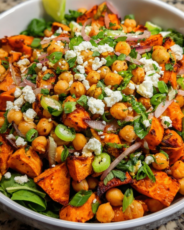 Roasted Sweet Potato Chickpea Feta Salad with herbs and lemon dressing