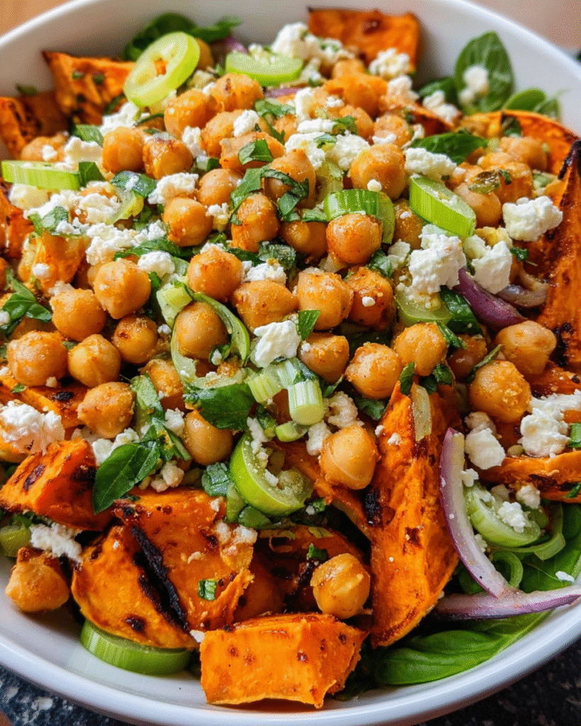 Roasted Sweet Potato Chickpea Feta Salad with herbs and lemon dressing