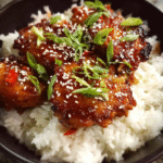 Sticky ginger soy glazed chicken in skillet with glaze