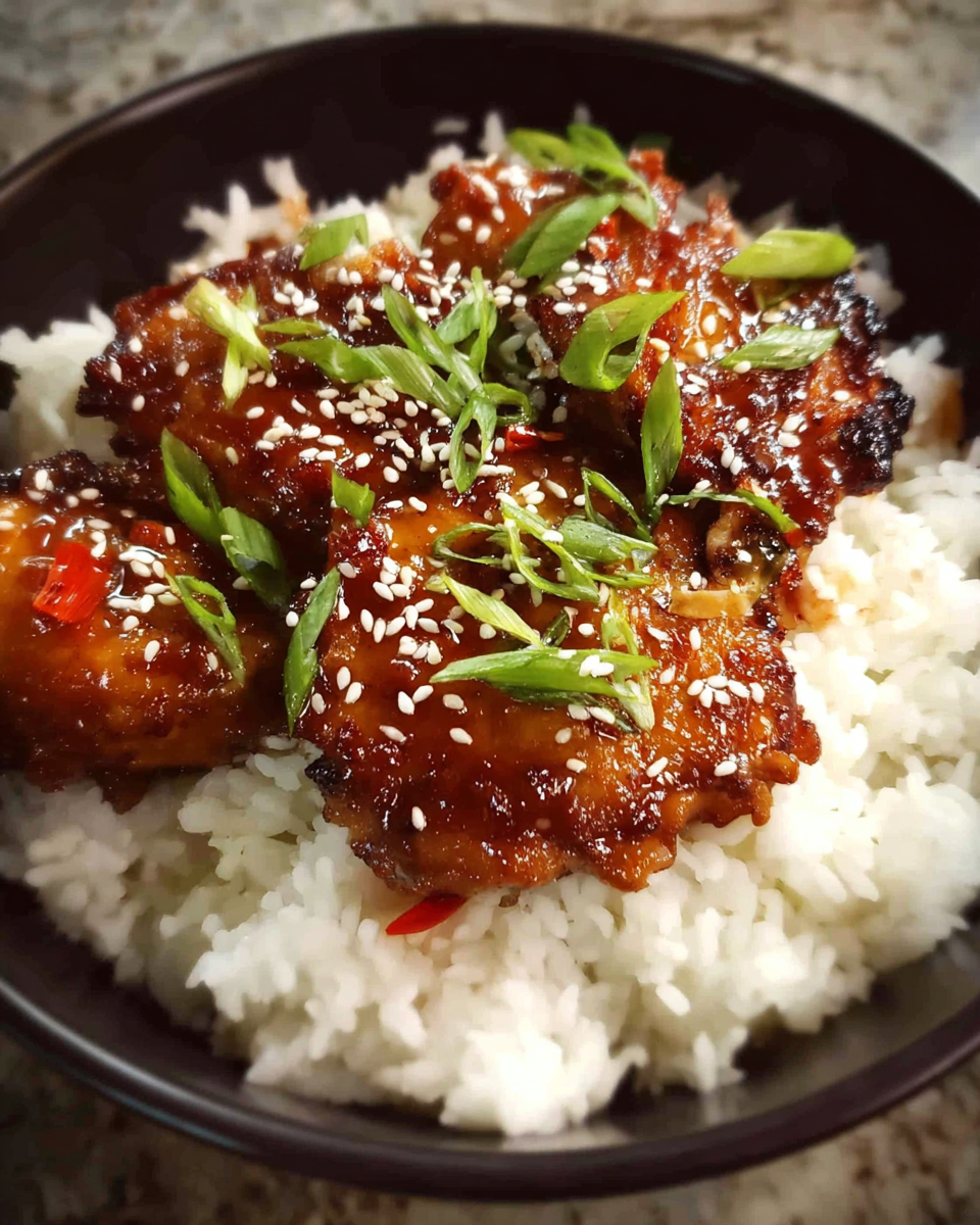 Sticky ginger soy glazed chicken in skillet with glaze