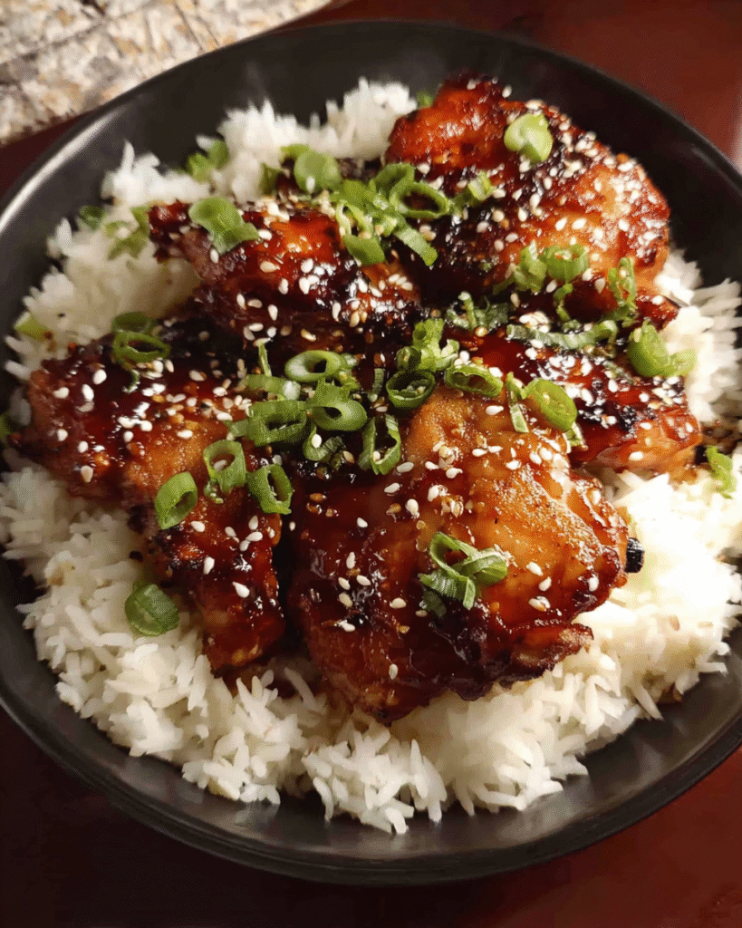 Sticky ginger soy glazed chicken in skillet with glaze