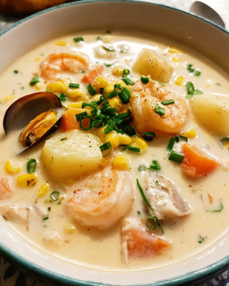 Creamy seafood chowder soup served with crusty bread in a bowl