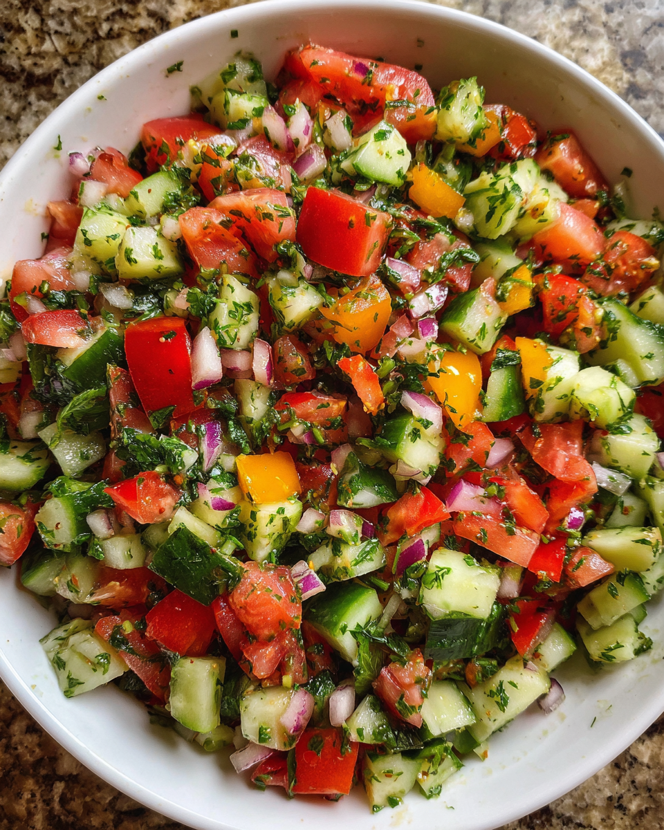 Shirazi Salad Recipe with cucumber, tomato, and fresh herbs in a bowl