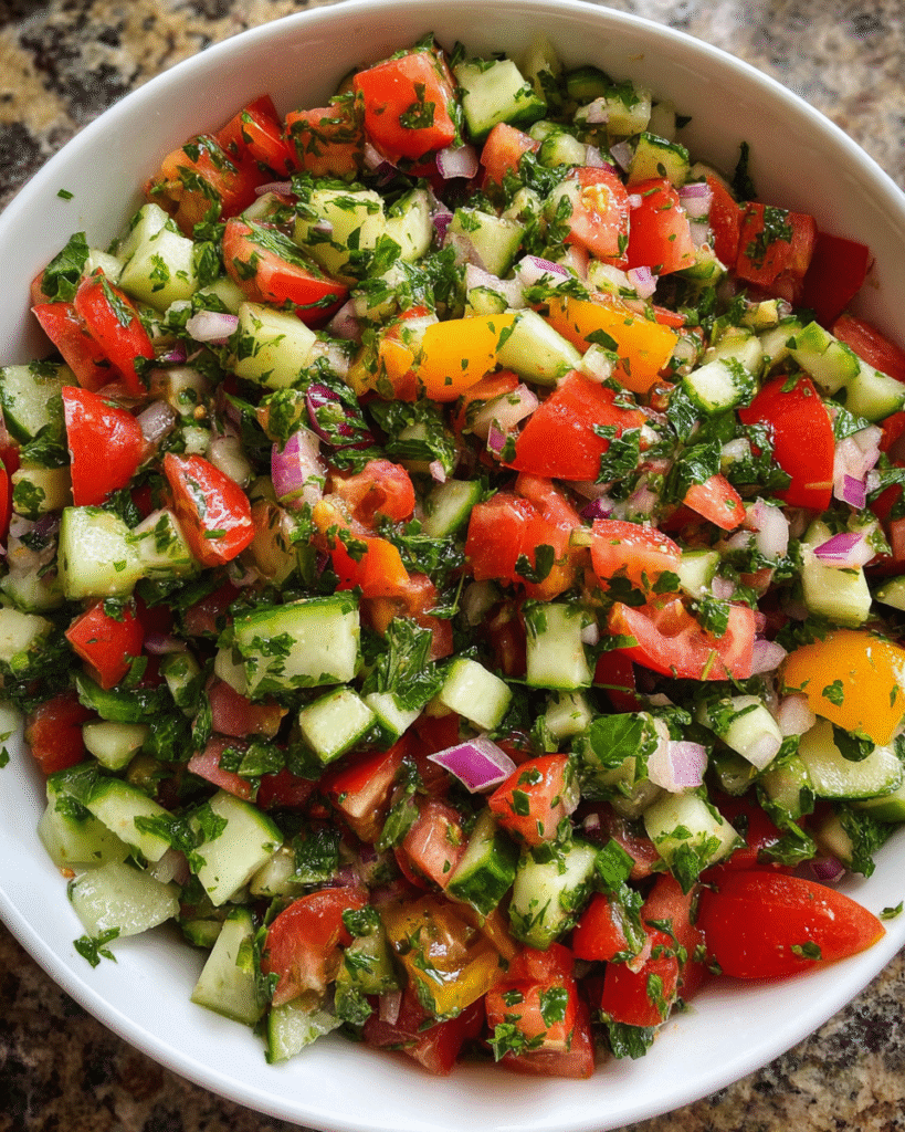 Shirazi Salad Recipe with cucumber, tomato, and fresh herbs in a bowl