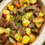 Slow Cooker Beef and Potatoes served in a rustic bowl