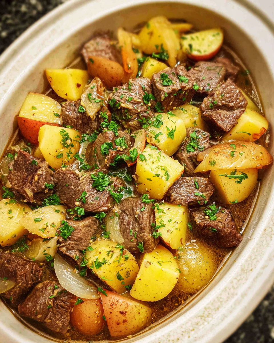 Slow Cooker Beef and Potatoes served in a rustic bowl