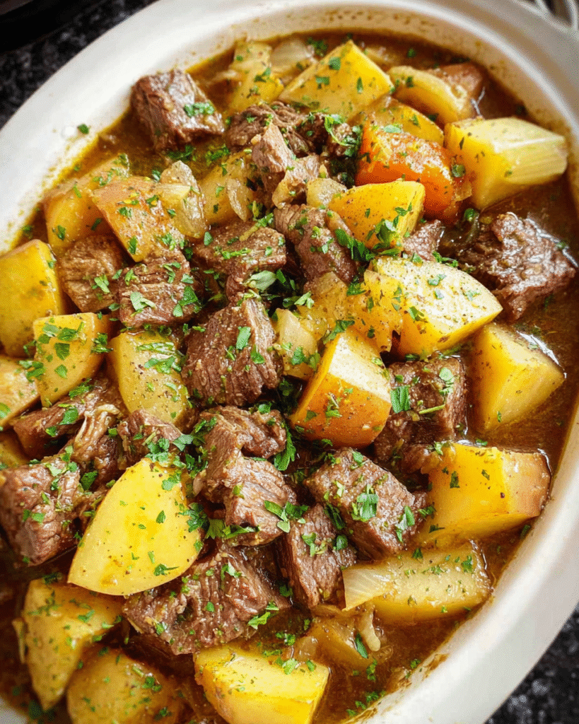 Slow Cooker Beef and Potatoes served in a rustic bowl