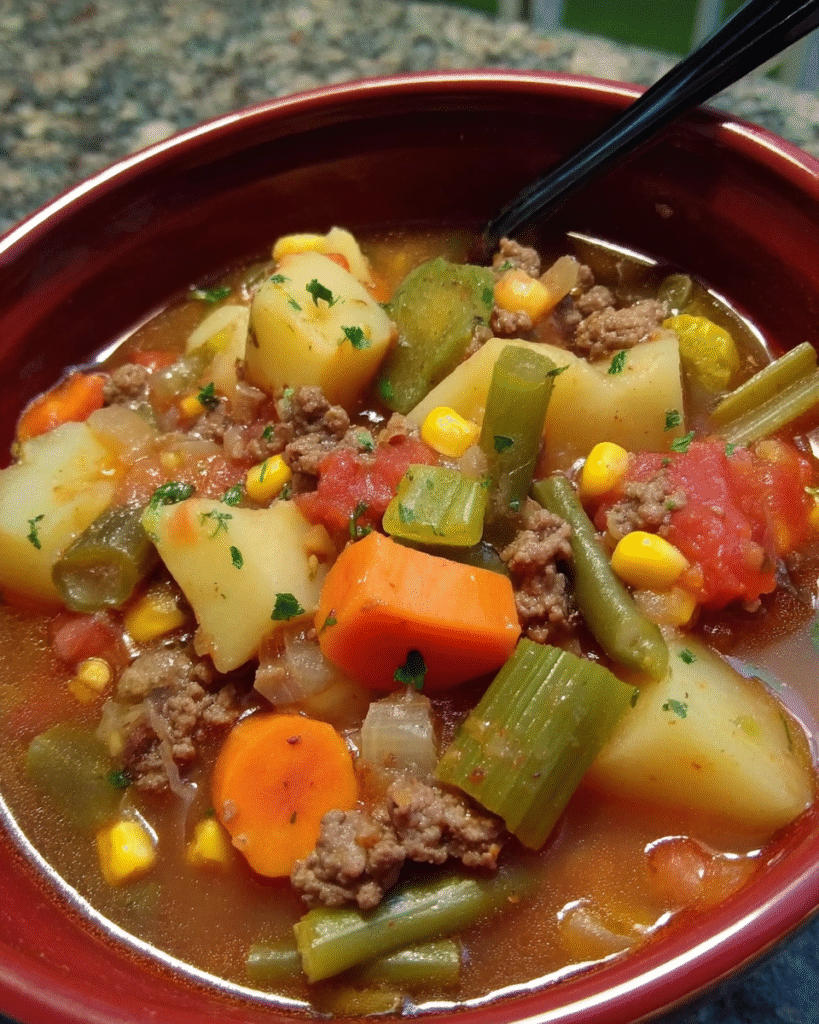 Bowl of slow cooker beef soup with vegetables