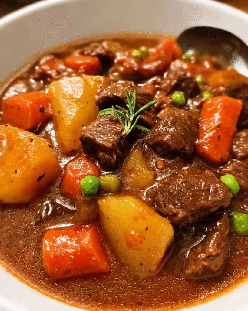 Slow cooker beef stew with carrots and potatoes in a rustic bowl