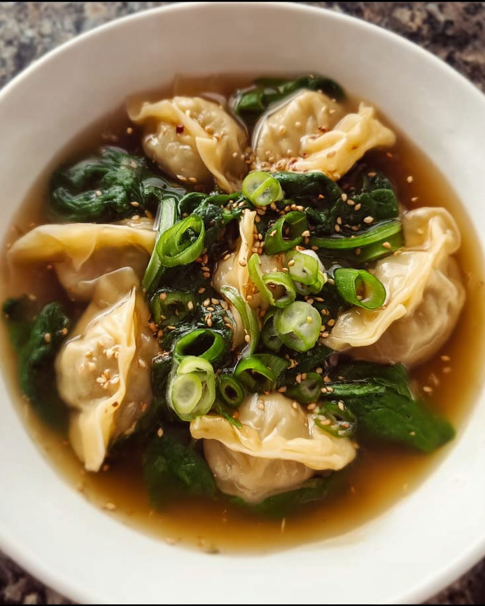 Bowl of soup with dumplings and chili crisp topping