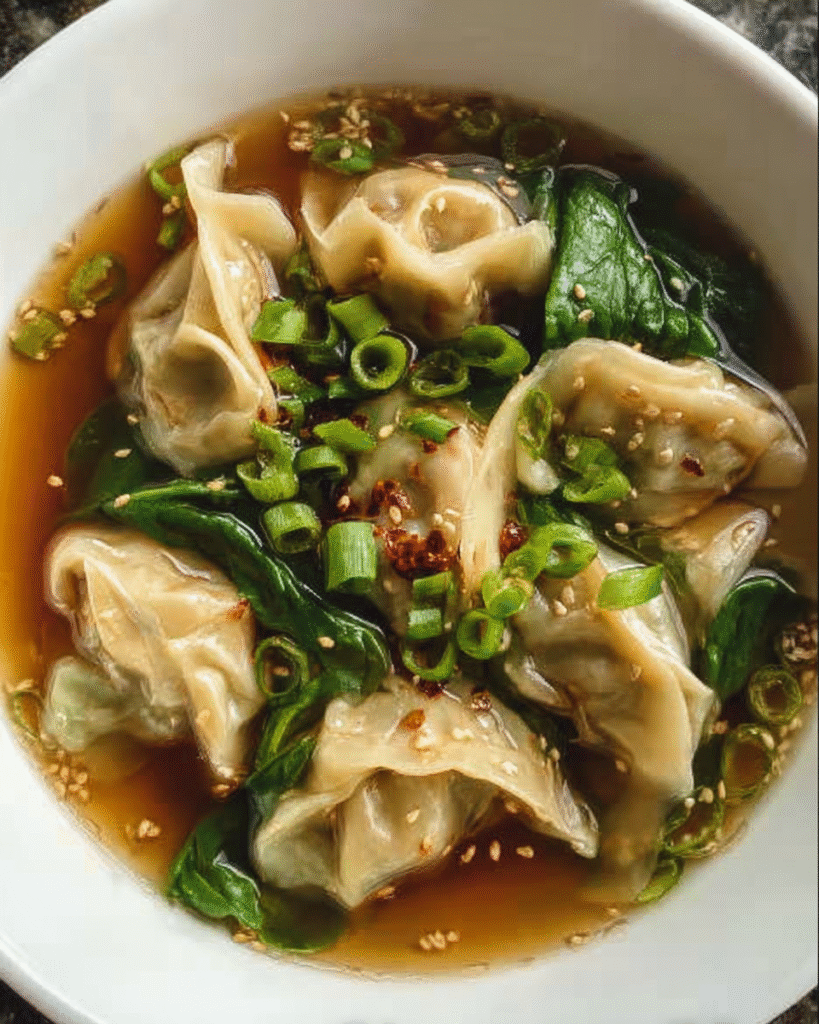 Bowl of soup with dumplings and chili crisp topping