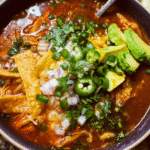 Spicy tortilla soup with chicken and toppings in a bowl