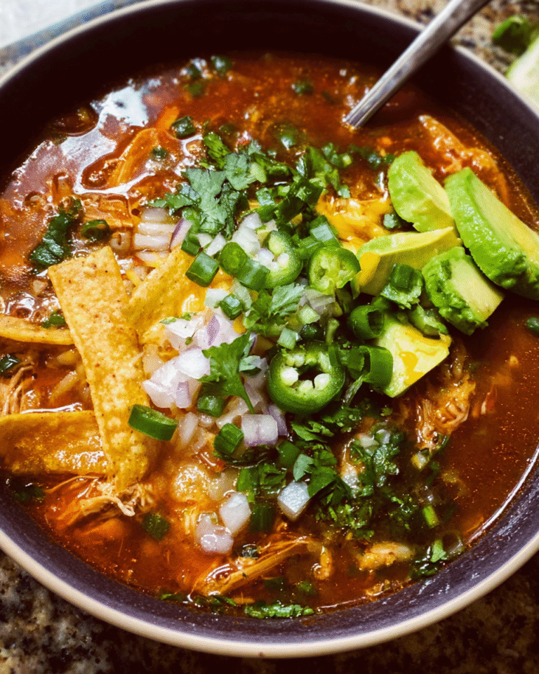 Spicy tortilla soup with chicken and toppings in a bowl